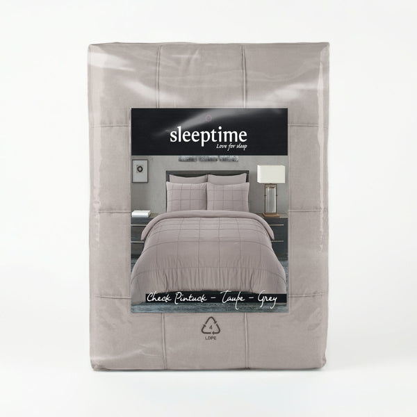 Microfibre Duvet Cover Set Check Pintuck | Taupe/Grey | King Long - 240cm (W) x 220cm (L) - The Bedding & Blankets Store