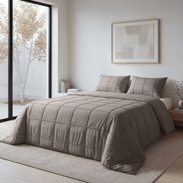 Microfibre Duvet Cover Set Check Pintuck | Taupe/Grey | King Long - 240cm (W) x 220cm (L) - The Bedding & Blankets Store