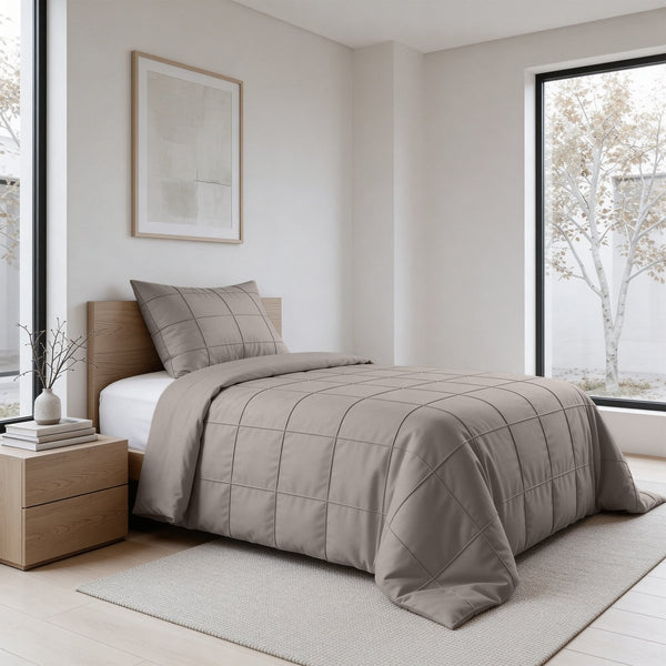 Microfibre Duvet Cover Set Check Pintuck | Taupe/Grey | King Long - 240cm (W) x 220cm (L) - The Bedding & Blankets Store