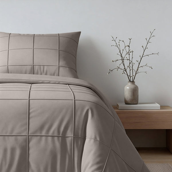 Microfibre Duvet Cover Set Check Pintuck | Taupe/Grey | King Long - 240cm (W) x 220cm (L) - The Bedding & Blankets Store
