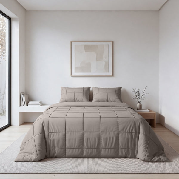 Microfibre Duvet Cover Set Check Pintuck | Taupe/Grey | King Long - 240cm (W) x 220cm (L) - The Bedding & Blankets Store