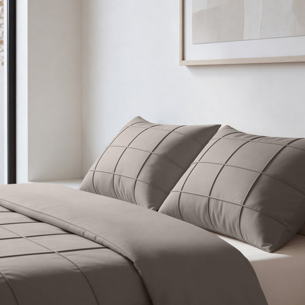 Microfibre Duvet Cover Set Check Pintuck | Taupe/Grey | King Long - 240cm (W) x 220cm (L) - The Bedding & Blankets Store