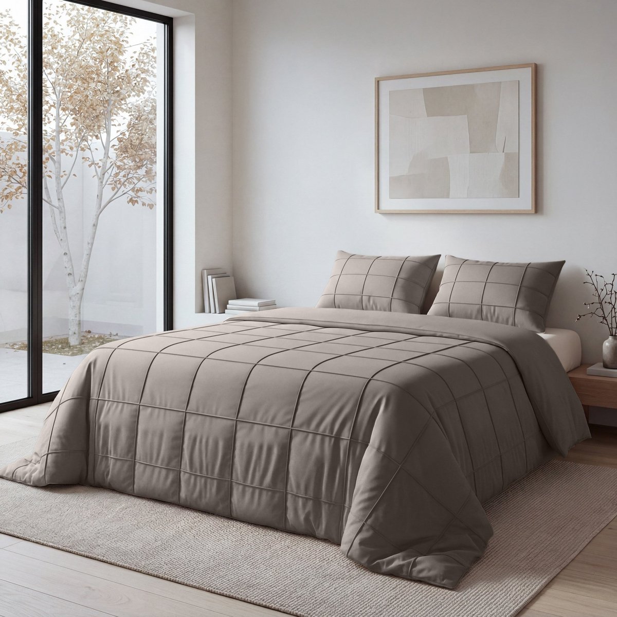 Microfibre Duvet Cover Set Check Pintuck | Taupe/Grey | King Long - 240cm (W) x 220cm (L) - The Bedding & Blankets Store