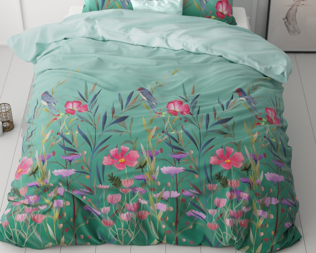 Microfibre Duvet Cover Set Flower & Birds | Turquoise | King Long - 240cm (W) x 220cm (L) - The Bedding & Blankets Store