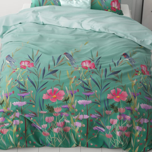 Microfibre Duvet Cover Set Flower & Birds | Turquoise | King Long - 240cm (W) x 220cm (L) - The Bedding & Blankets Store