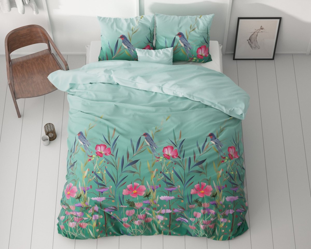 Microfibre Duvet Cover Set Flower & Birds | Turquoise | King Long - 240cm (W) x 220cm (L) - The Bedding & Blankets Store