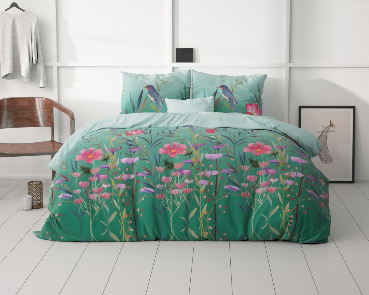 Microfibre Duvet Cover Set Flower & Birds | Turquoise | King Long - 240cm (W) x 220cm (L) - The Bedding & Blankets Store