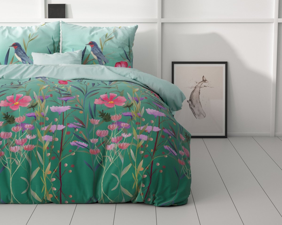 Microfibre Duvet Cover Set Flower & Birds | Turquoise | King Long - 240cm (W) x 220cm (L) - The Bedding & Blankets Store