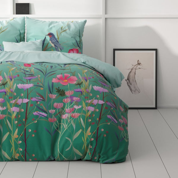Microfibre Duvet Cover Set Flower & Birds | Turquoise | King Long - 240cm (W) x 220cm (L) - The Bedding & Blankets Store