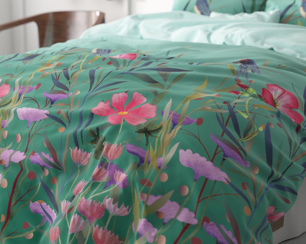 Microfibre Duvet Cover Set Flower & Birds | Turquoise | King Long - 240cm (W) x 220cm (L) - The Bedding & Blankets Store