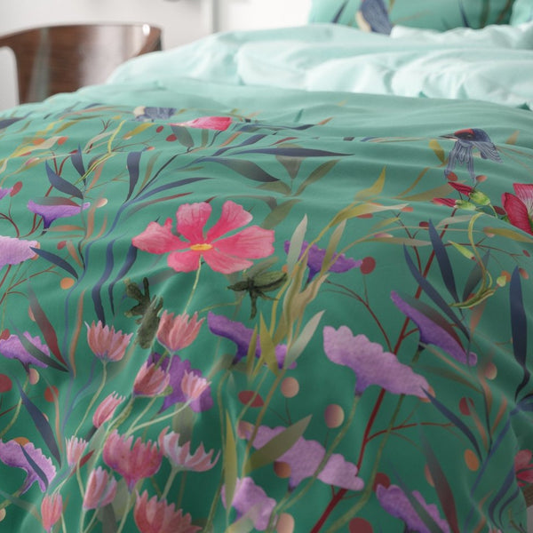 Microfibre Duvet Cover Set Flower & Birds | Turquoise | King Long - 240cm (W) x 220cm (L) - The Bedding & Blankets Store