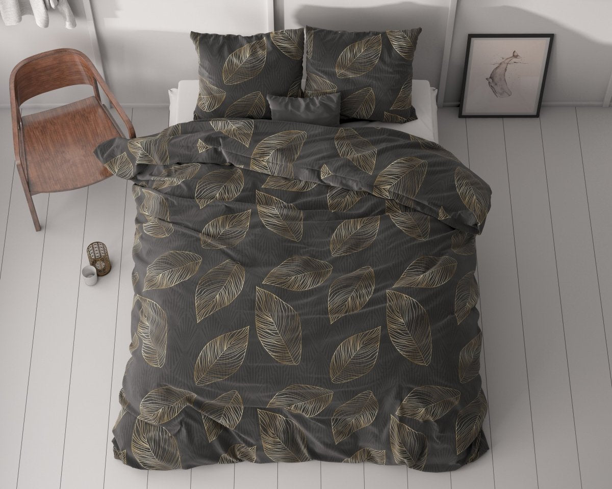 Microfibre Duvet Cover Set Golden Leaf | Anthracite | Double - 200cm (W) x 220cm (L) - The Bedding & Blankets Store