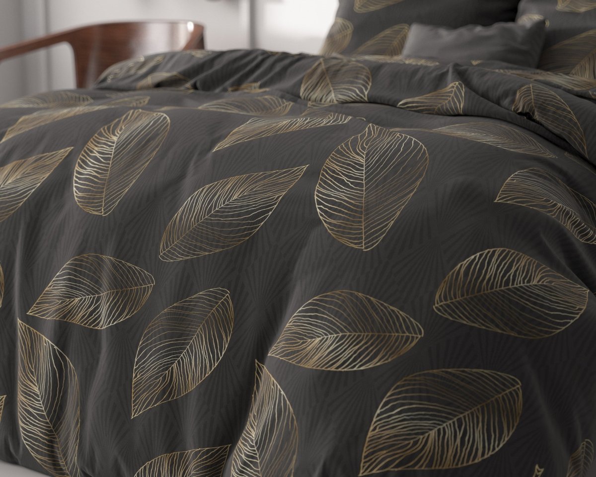 Microfibre Duvet Cover Set Golden Leaf | Anthracite | Double - 200cm (W) x 220cm (L) - The Bedding & Blankets Store