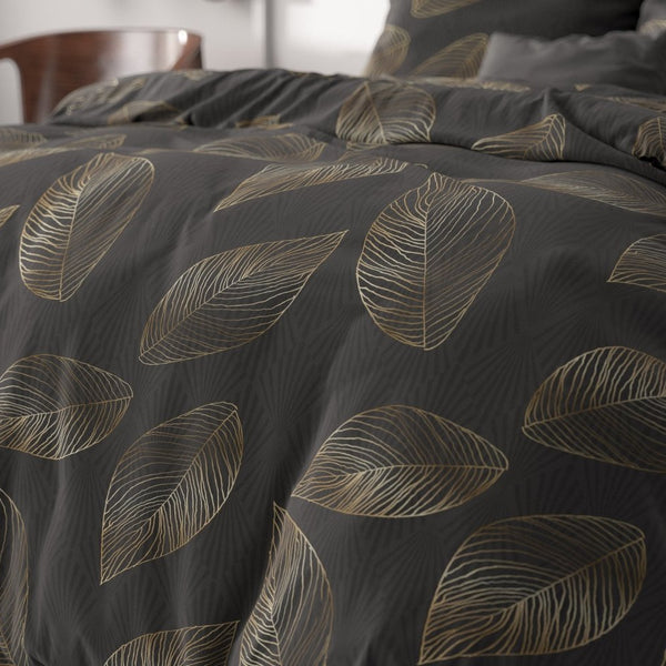 Microfibre Duvet Cover Set Golden Leaf | Anthracite | Double - 200cm (W) x 220cm (L) - The Bedding & Blankets Store