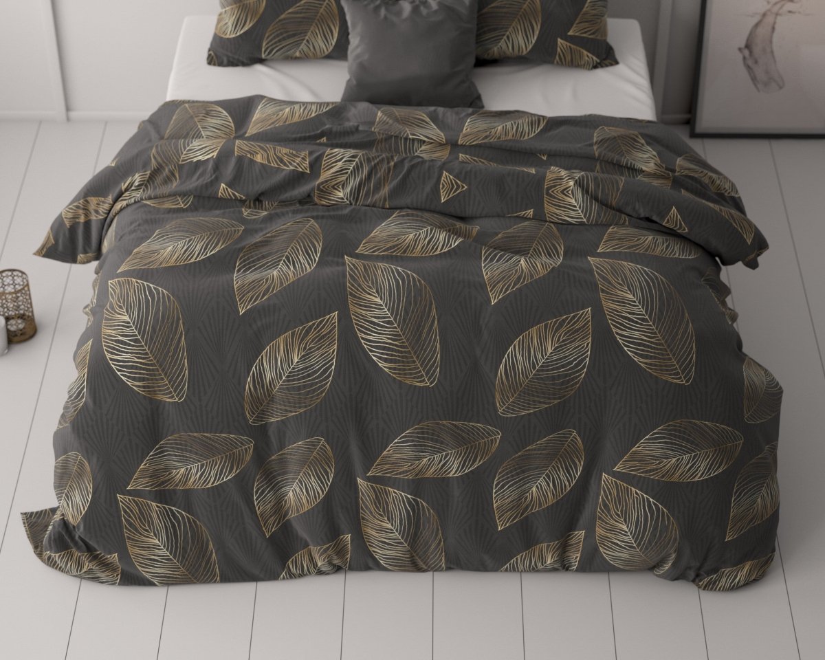 Microfibre Duvet Cover Set Golden Leaf | Anthracite | Double - 200cm (W) x 220cm (L) - The Bedding & Blankets Store