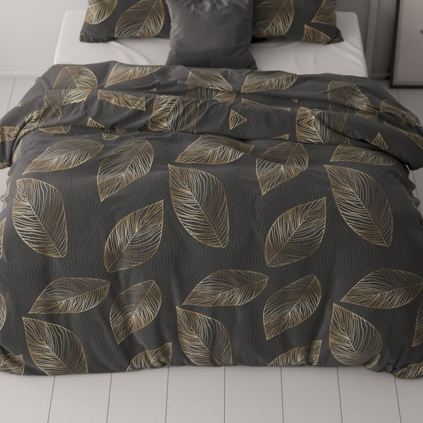 Microfibre Duvet Cover Set Golden Leaf | Anthracite | Double - 200cm (W) x 220cm (L) - The Bedding & Blankets Store