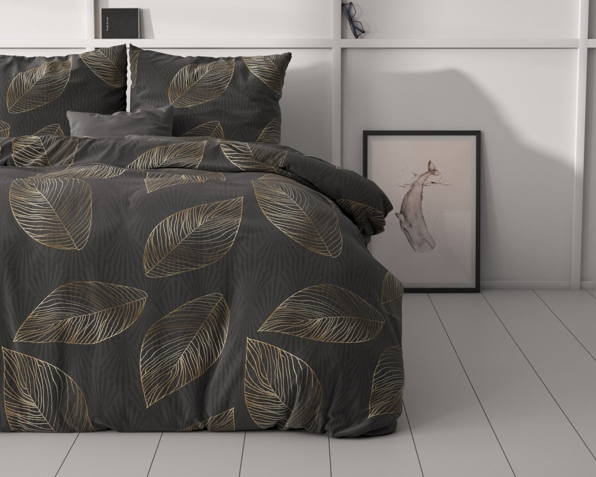 Microfibre Duvet Cover Set Golden Leaf | Anthracite | Double - 200cm (W) x 220cm (L) - The Bedding & Blankets Store