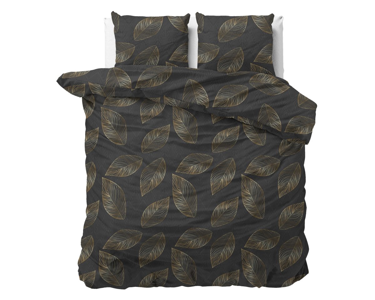 Microfibre Duvet Cover Set Golden Leaf | Anthracite | Double - 200cm (W) x 220cm (L) - The Bedding & Blankets Store