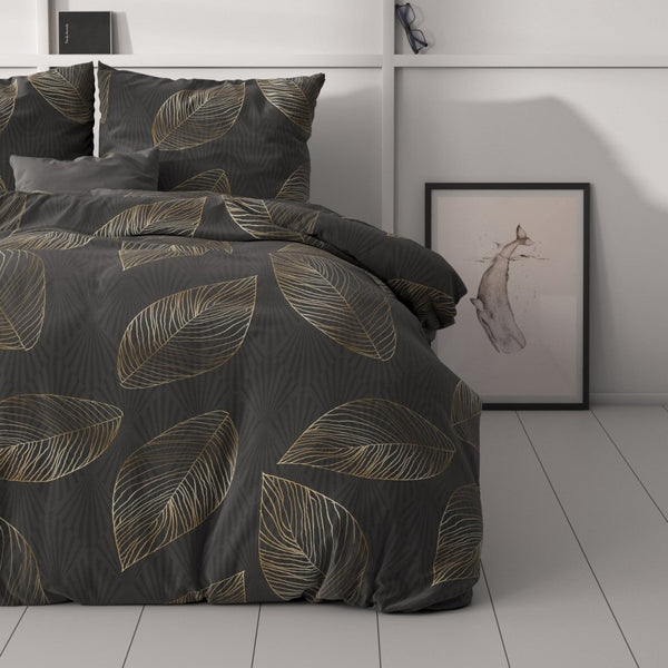 Microfibre Duvet Cover Set Golden Leaf | Anthracite | Double - 200cm (W) x 220cm (L) - The Bedding & Blankets Store