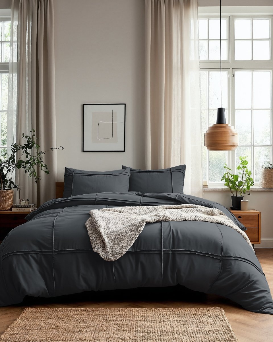 Microfibre Duvet Cover Set Washed Tufted | Anthracite | Double - 200cm (W) x 200/220cm (L) - The Bedding & Blankets Store