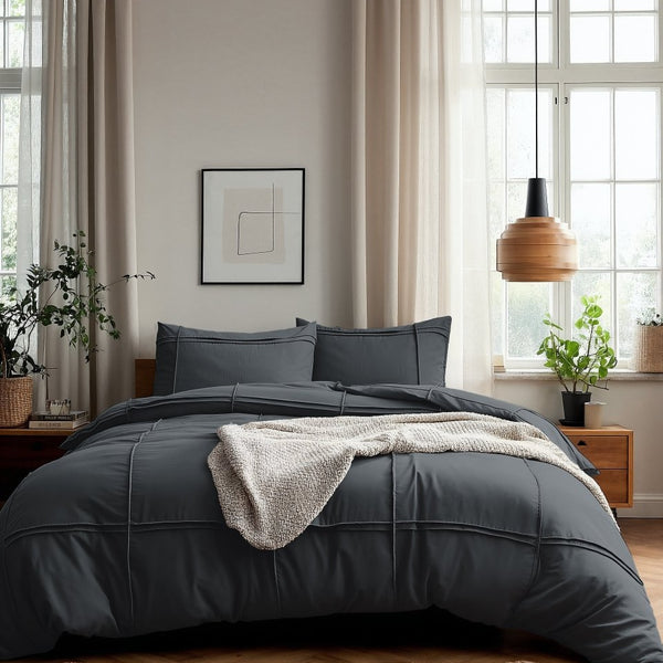 Microfibre Duvet Cover Set Washed Tufted | Anthracite | Double - 200cm (W) x 200/220cm (L) - The Bedding & Blankets Store