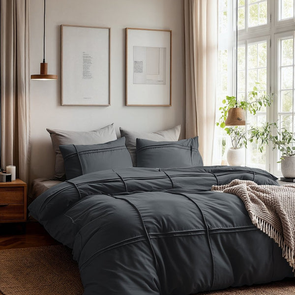 Microfibre Duvet Cover Set Washed Tufted | Anthracite | Double - 200cm (W) x 200/220cm (L) - The Bedding & Blankets Store