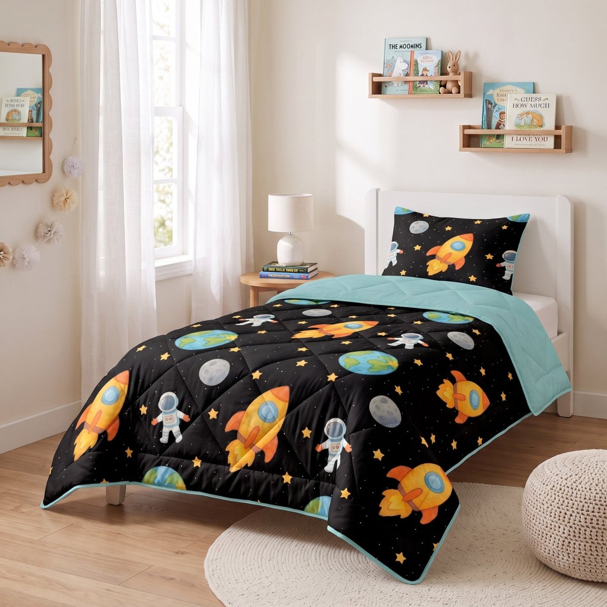 Microfibre Kids Coverless Duvet Astronaut | Black | Single - 140cm (W) x 200cm (L) - The Bedding & Blankets Store