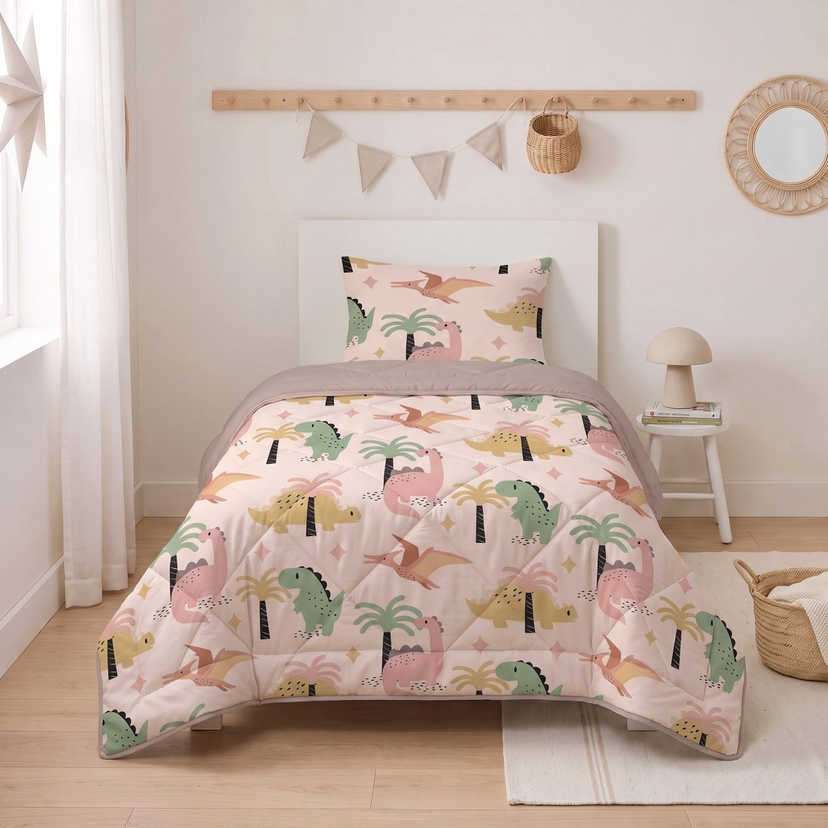 Microfibre Kids Coverless Duvet Dino | Sand | Single - 140cm (W) x 200cm (L) - The Bedding & Blankets Store