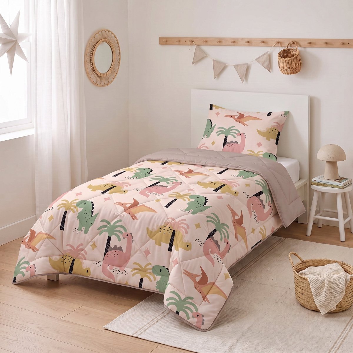 Microfibre Kids Coverless Duvet Dino | Sand | Single - 140cm (W) x 200cm (L) - The Bedding & Blankets Store