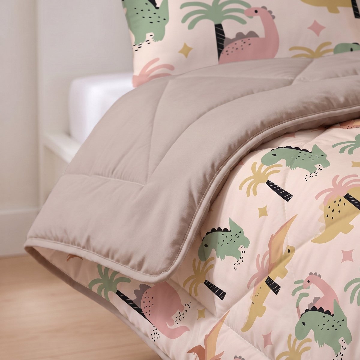 Microfibre Kids Coverless Duvet Dino | Sand | Single - 140cm (W) x 200cm (L) - The Bedding & Blankets Store