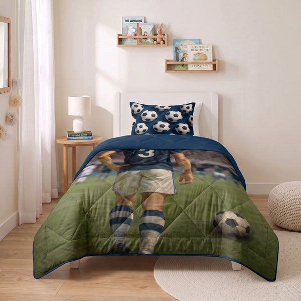 Microfibre Kids Coverless Duvet Football Star | Blue | Single - 140cm (W) x 200cm (L) - The Bedding & Blankets Store