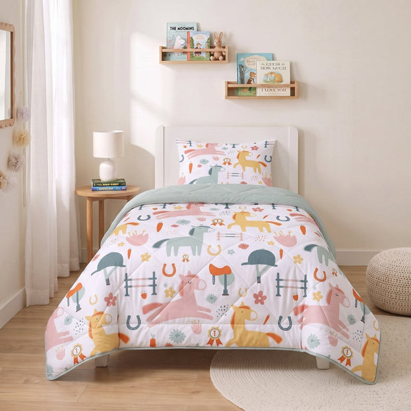 Microfibre Kids Coverless Duvet Horses | White | Single - 140cm (W) x 200cm (L) - The Bedding & Blankets Store