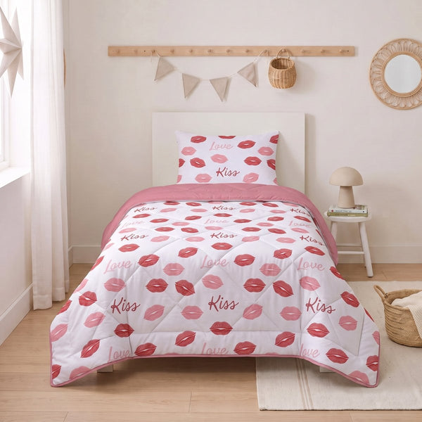 Microfibre Kids Coverless Duvet Kisses | White | Single - 140cm (W) x 200cm (L) - The Bedding & Blankets Store