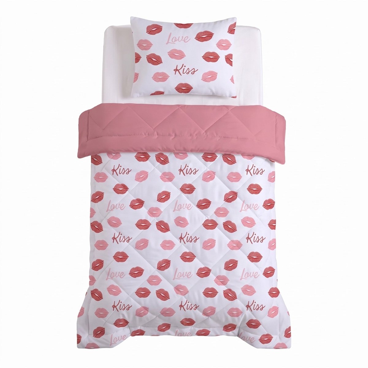 Microfibre Kids Coverless Duvet Kisses | White | Single - 140cm (W) x 200cm (L) - The Bedding & Blankets Store