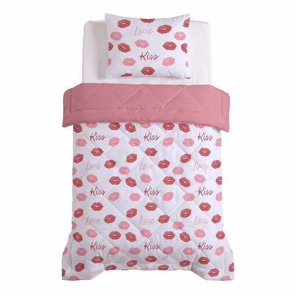 Microfibre Kids Coverless Duvet Kisses | White | Single - 140cm (W) x 200cm (L) - The Bedding & Blankets Store
