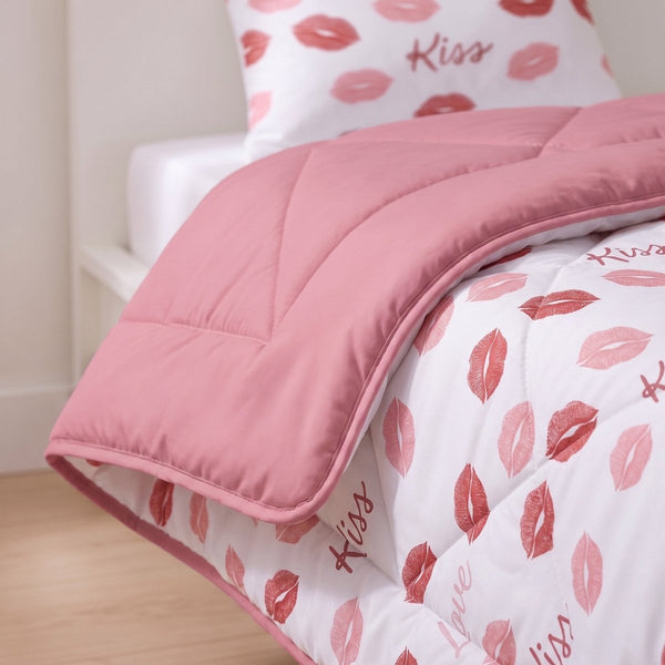 Microfibre Kids Coverless Duvet Kisses | White | Single - 140cm (W) x 200cm (L) - The Bedding & Blankets Store