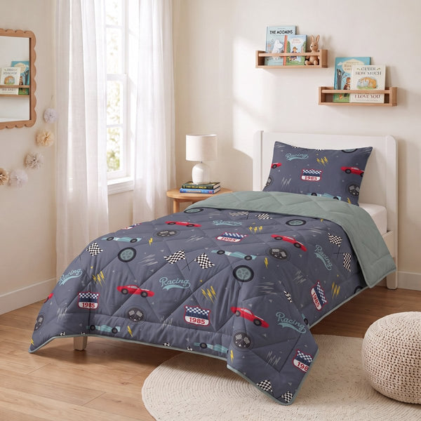 Microfibre Kids Coverless Duvet Race Car | Blue | Single - 140cm (W) x 200cm (L) - The Bedding & Blankets Store