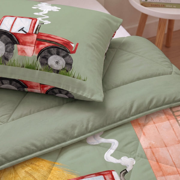 Microfibre Kids Coverless Duvet Tractor | Green | Single - 140cm (W) x 200cm (L) - The Bedding & Blankets Store