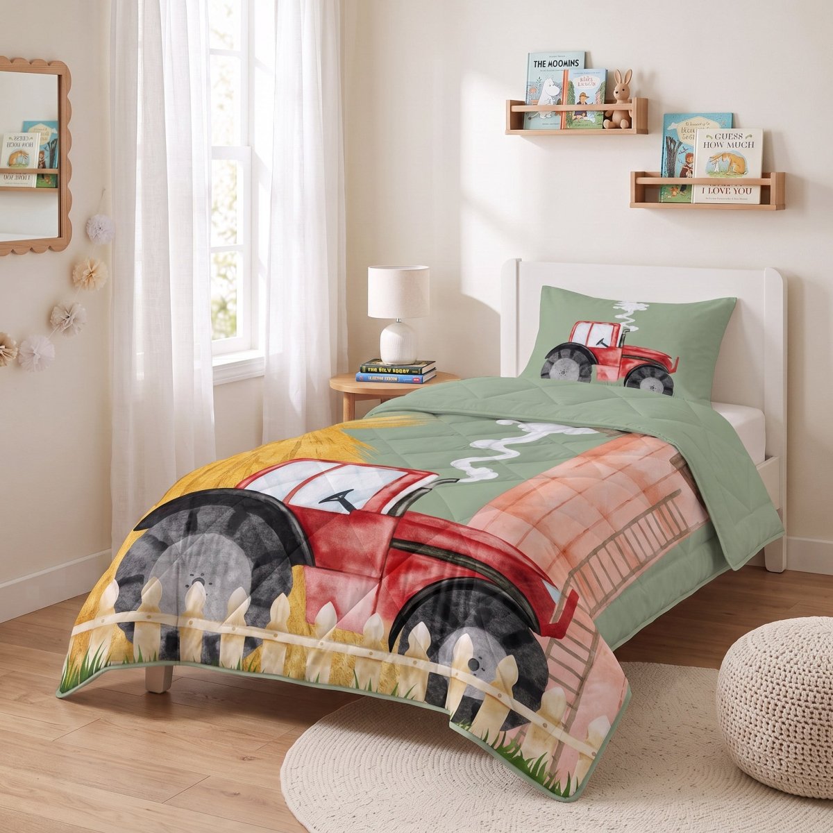 Microfibre Kids Coverless Duvet Tractor | Green | Single - 140cm (W) x 200cm (L) - The Bedding & Blankets Store