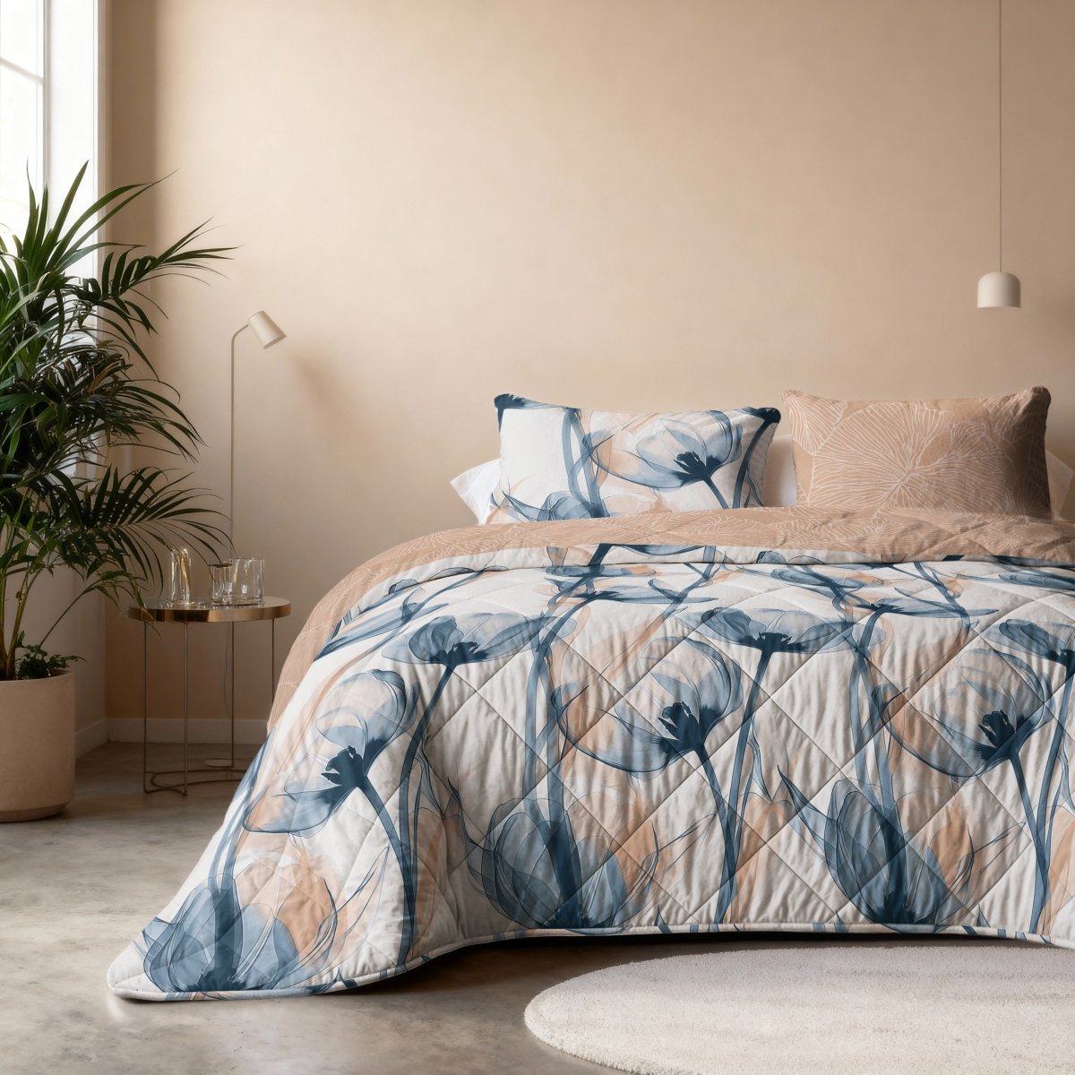 Microfibre Lazy Duvet Glass Flower | Blue | King Long - 240cm (W) x 220cm (L) - The Bedding & Blankets Store