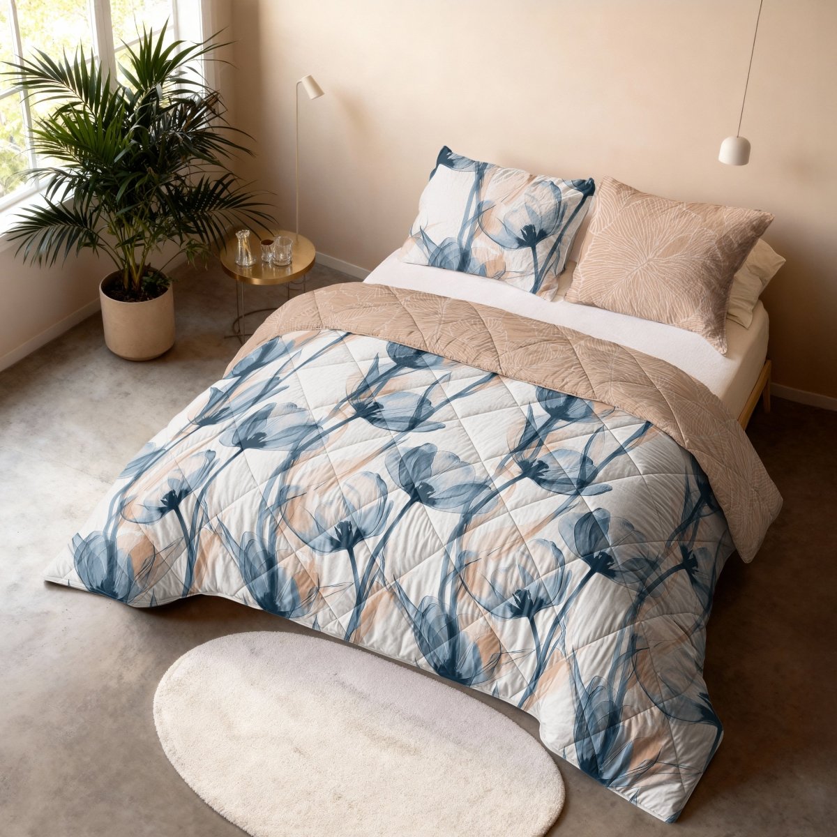 Microfibre Lazy Duvet Glass Flower | Blue | King Long - 240cm (W) x 220cm (L) - The Bedding & Blankets Store