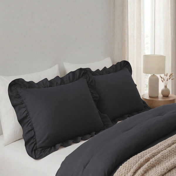 Microfibre Pillowcase Pair Ruffles | Anthracite | 60cm x 70cm - The Bedding & Blankets Store