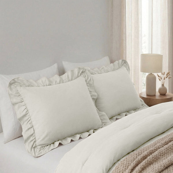 Microfibre Pillowcase Pair Ruffles | Off White | 60cm x 70cm - The Bedding & Blankets Store