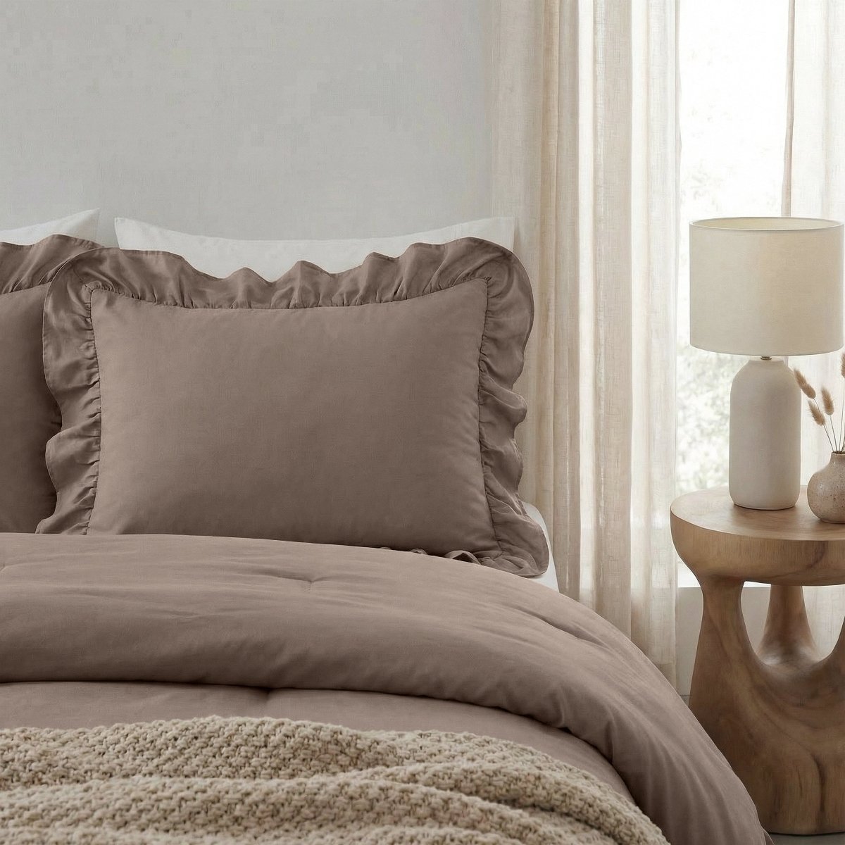 Microfibre Pillowcase Pair Ruffles | Taupe | 60cm x 70cm - The Bedding & Blankets Store