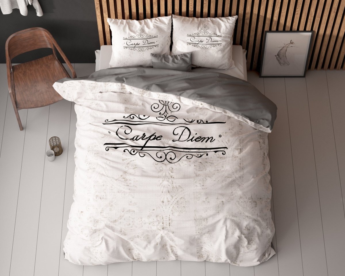Micropercale Duvet Cover Set Carpe Diem 2 | Anthracite | Double - 200cm (W) x 200/220cm (L) - The Bedding & Blankets Store