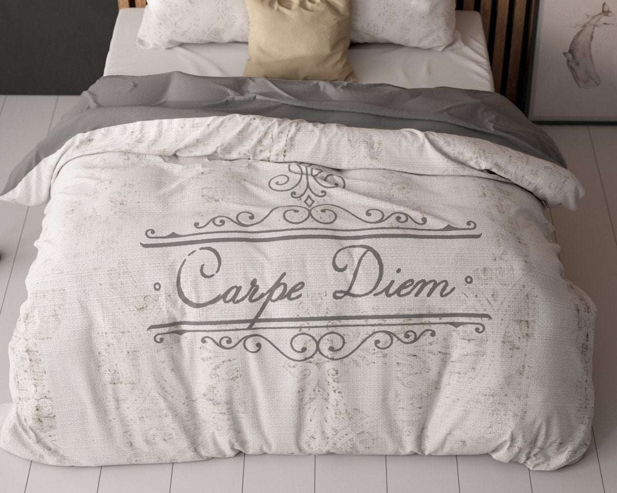 Micropercale Duvet Cover Set Carpe Diem 2 | Anthracite | Double - 200cm (W) x 200/220cm (L) - The Bedding & Blankets Store