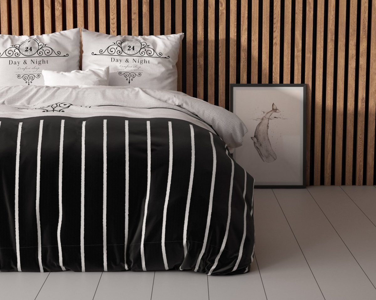 Micropercale Duvet Cover Set Day And Night | Black | Double - 200cm (W) x 200/220cm (L) - The Bedding & Blankets Store