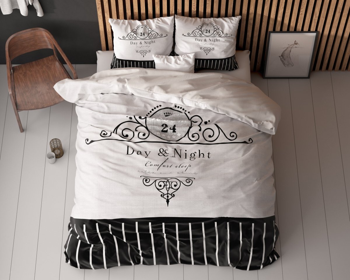 Micropercale Duvet Cover Set Day And Night | Black | Double - 200cm (W) x 200/220cm (L) - The Bedding & Blankets Store