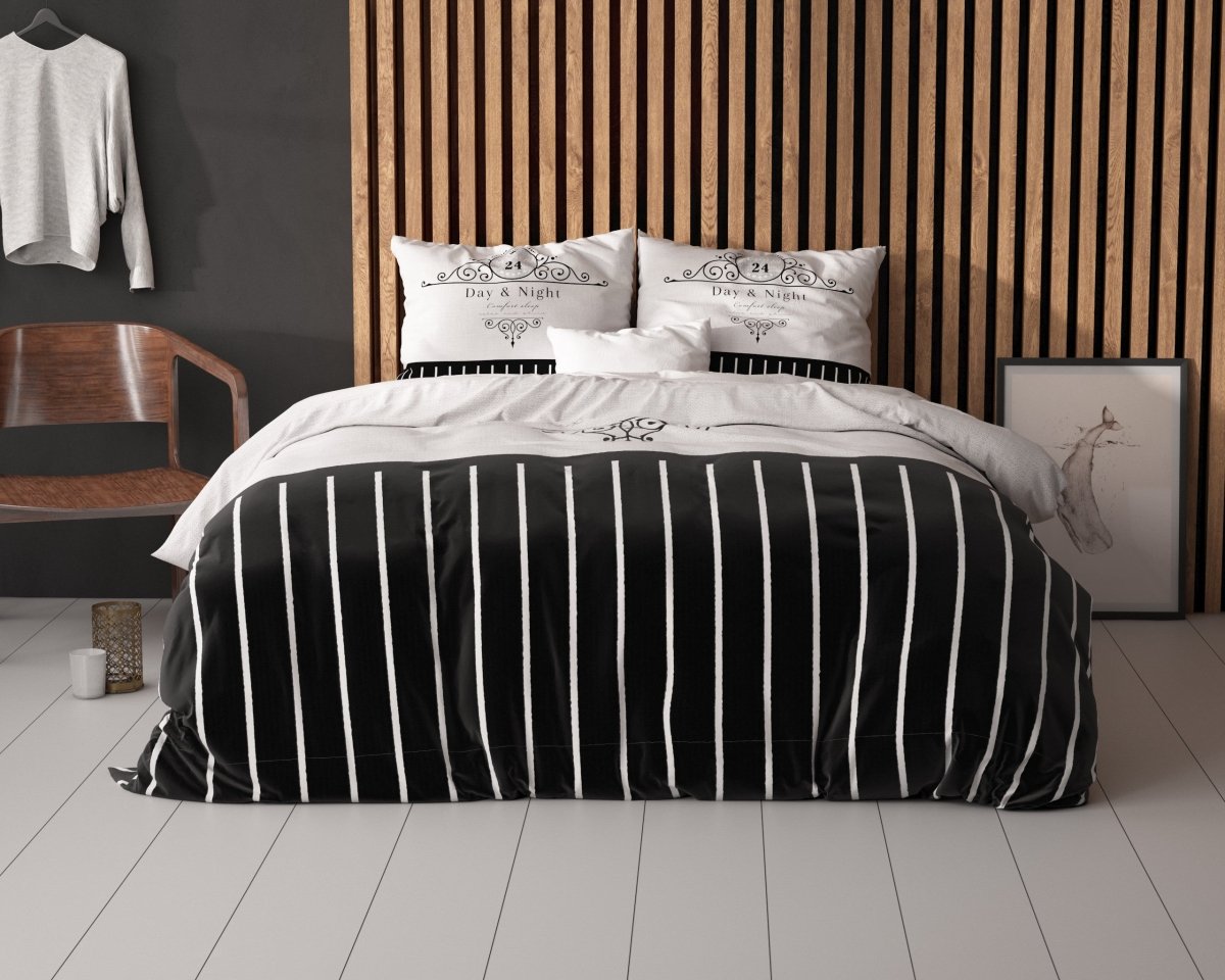Micropercale Duvet Cover Set Day And Night | Black | Double - 200cm (W) x 200/220cm (L) - The Bedding & Blankets Store