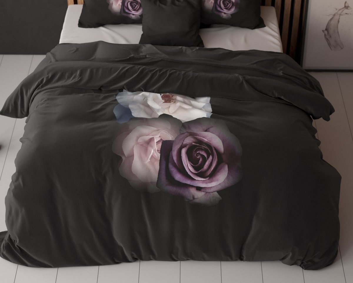 Micropercale Duvet Cover Set Deep Flowers | Black | Double - 200cm (W) x 200/220cm (L) - The Bedding & Blankets Store